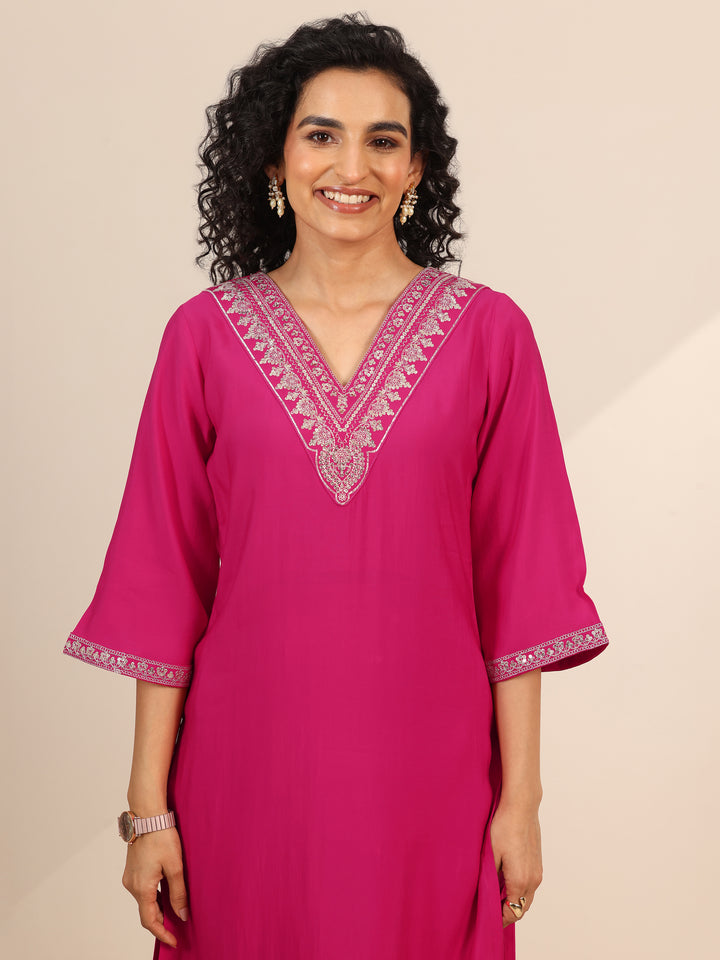 Pink Yoke Design Silk Blend Straight Suit Set With Dupatta