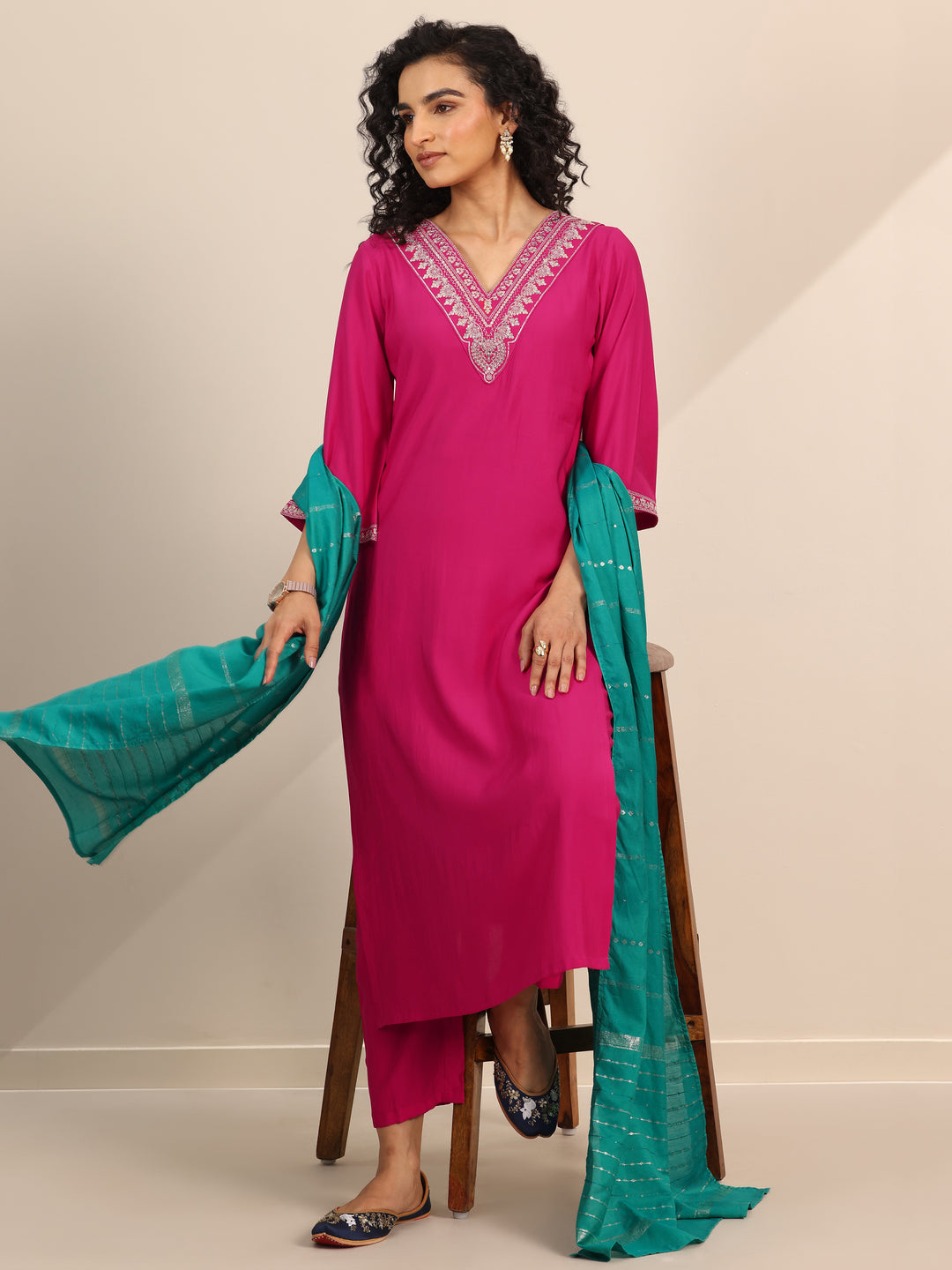 Pink Yoke Design Silk Blend Straight Suit Set With Dupatta