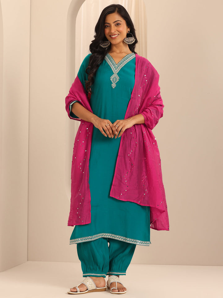 Rama Green Yoke Design Silk Blend Straight Suit Set With Dupatta