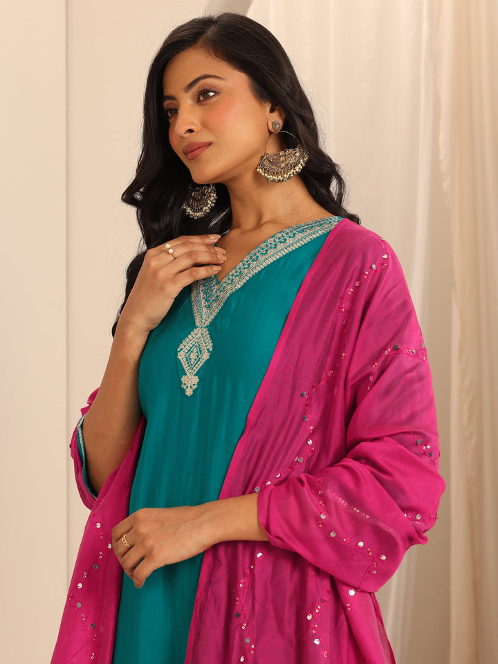 Rama Green Yoke Design Silk Blend Straight Suit Set With Dupatta