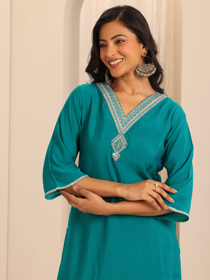 Rama Green Yoke Design Silk Blend Straight Suit Set With Dupatta