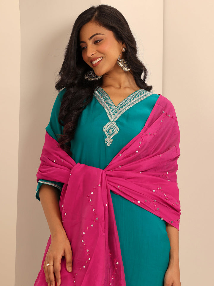 Rama Green Yoke Design Silk Blend Straight Suit Set With Dupatta