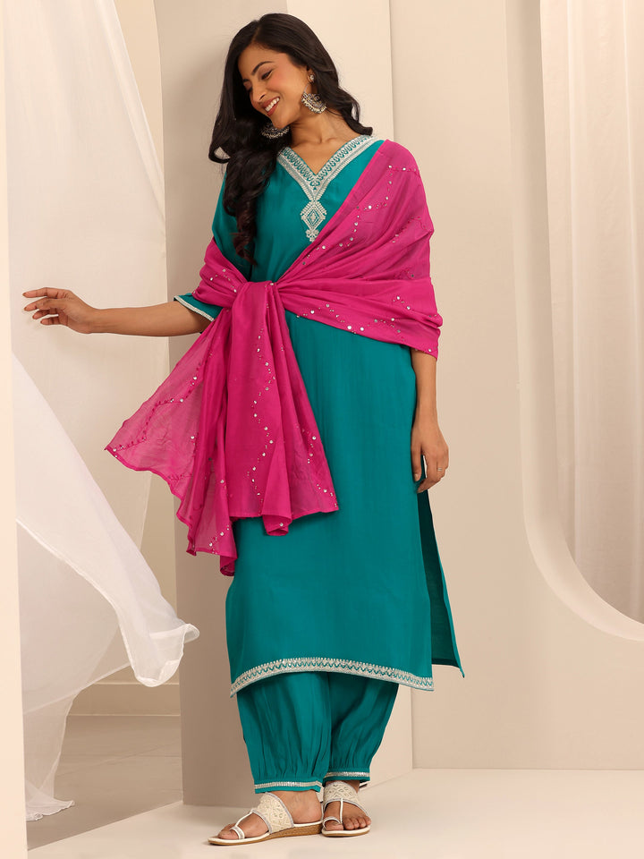 Rama Green Yoke Design Silk Blend Straight Suit Set With Dupatta