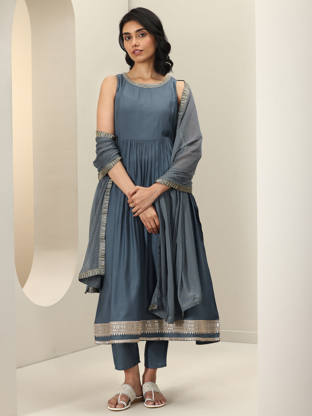 Grey Solid Silk Blend Anarkali Suit Sets With Dupatta