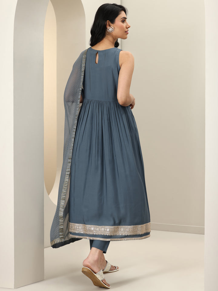Grey Solid Silk Blend Anarkali Suit Sets With Dupatta