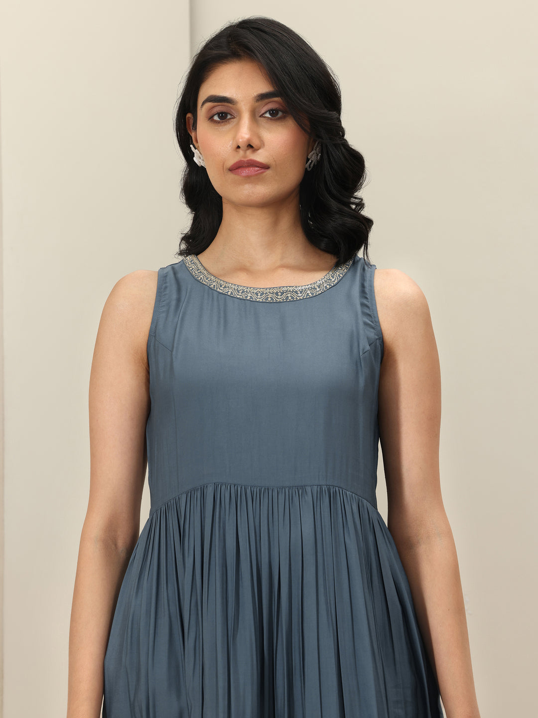 Grey Solid Silk Blend Anarkali Suit Sets With Dupatta