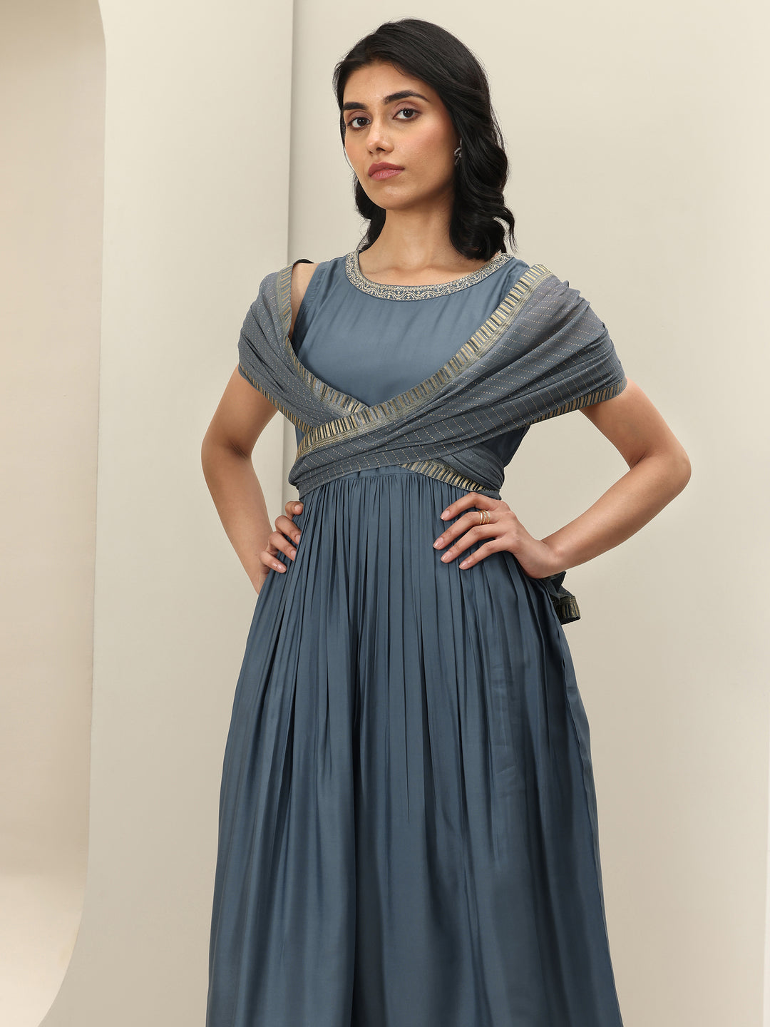 Grey Solid Silk Blend Anarkali Suit Sets With Dupatta