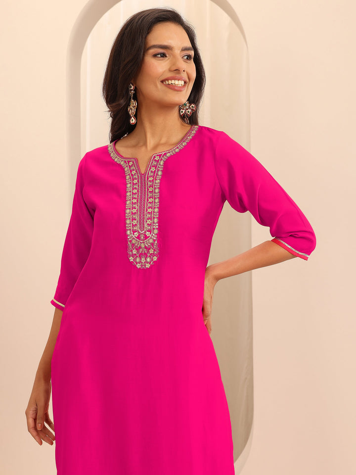 Pink Embellished Silk Blend Straight Suit Set With Dupatta