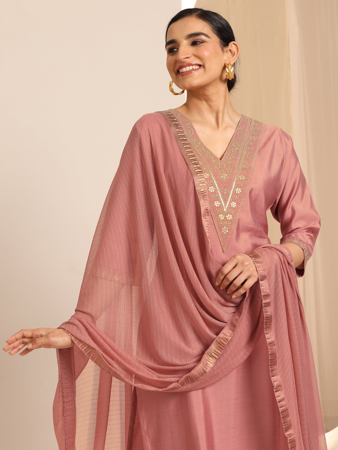Peach Solid Silk Blend Straight Kurta Set