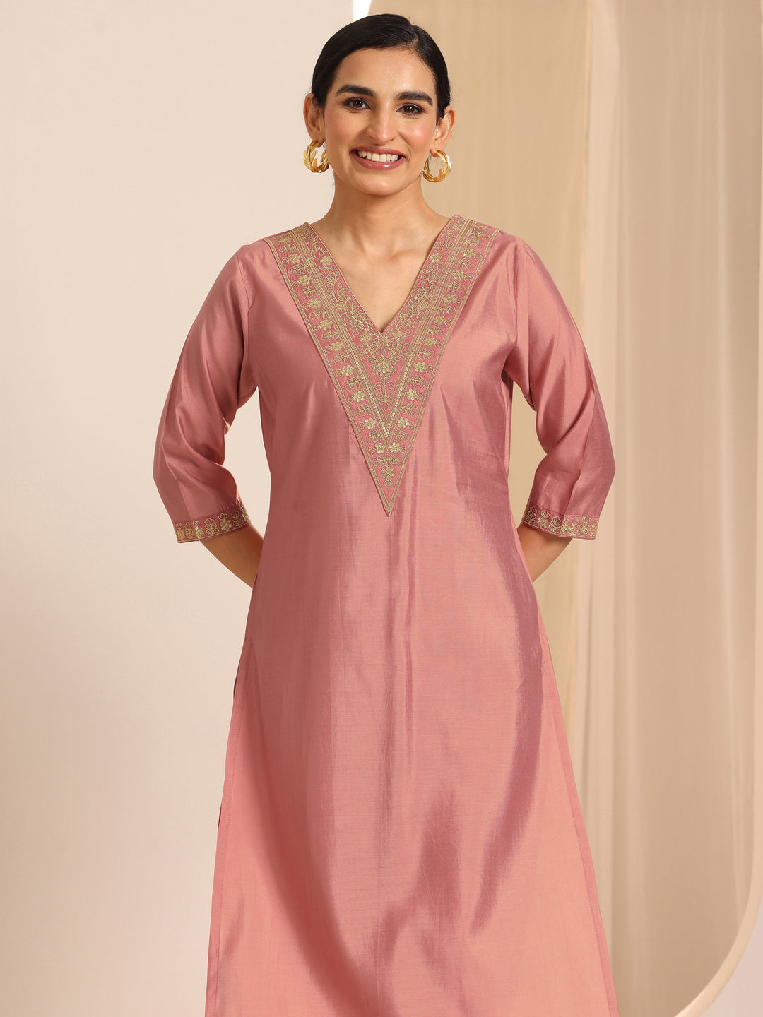 Peach Solid Silk Blend Straight Kurta Set