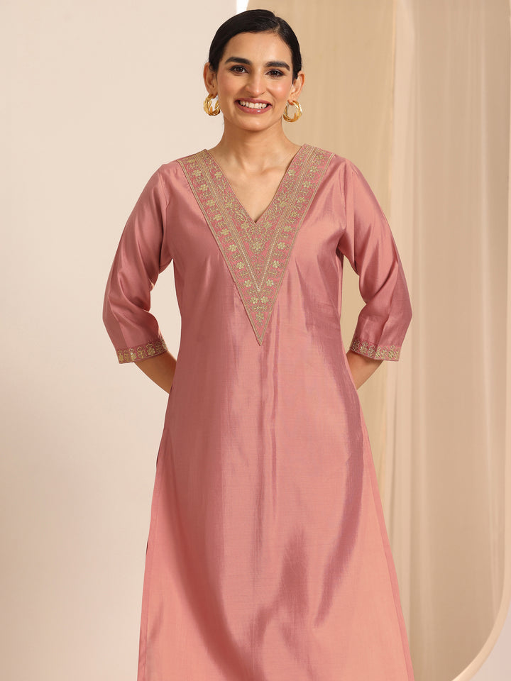Peach Solid Silk Blend Straight Kurta Set