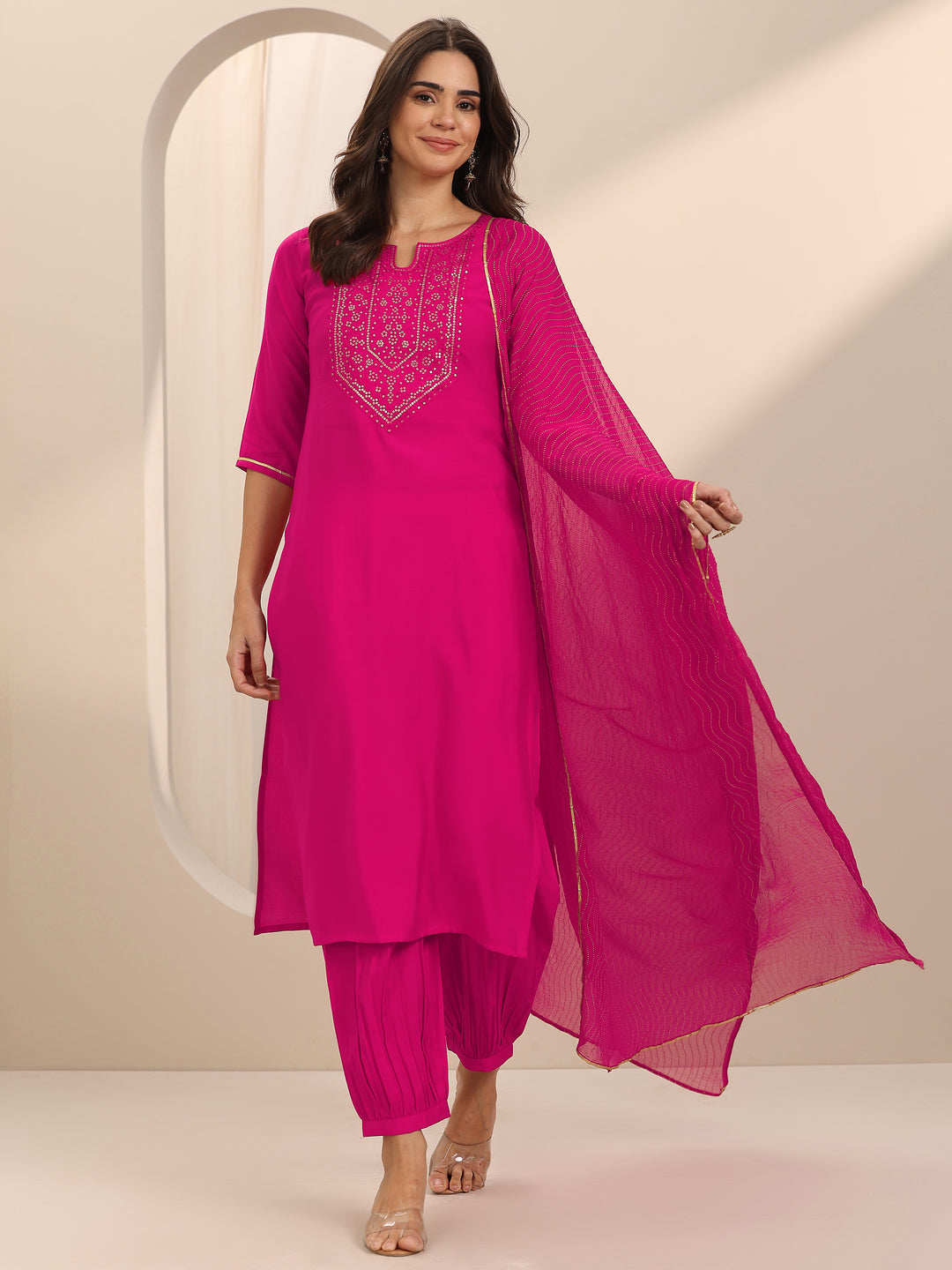 Pink Yoke Design Silk Blend Straight Suit Set With Dupatta