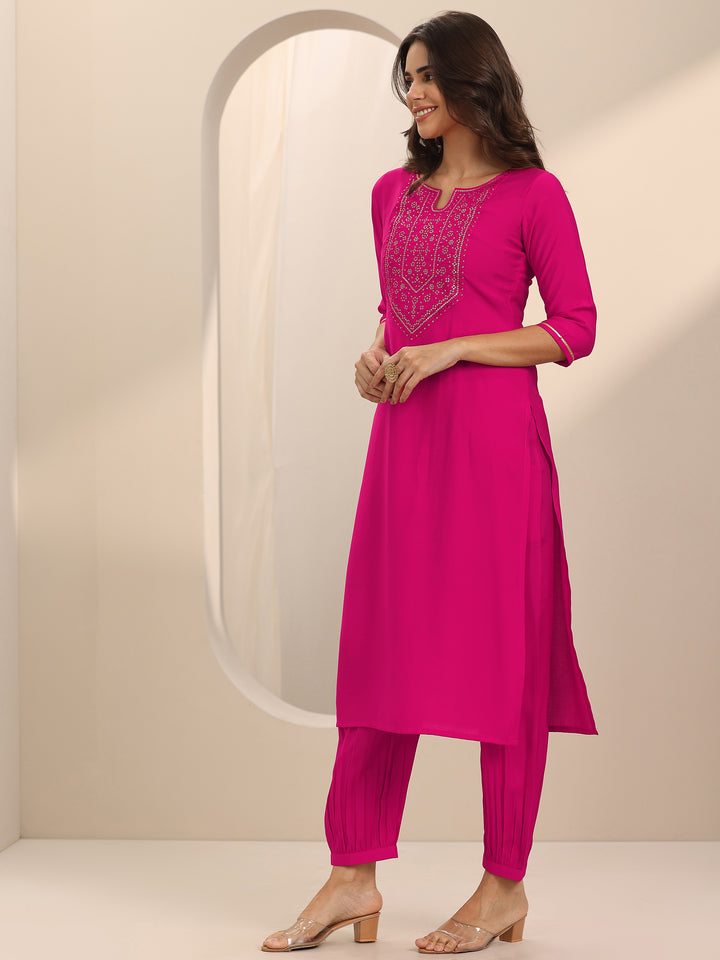 Pink Yoke Design Silk Blend Straight Suit Set With Dupatta
