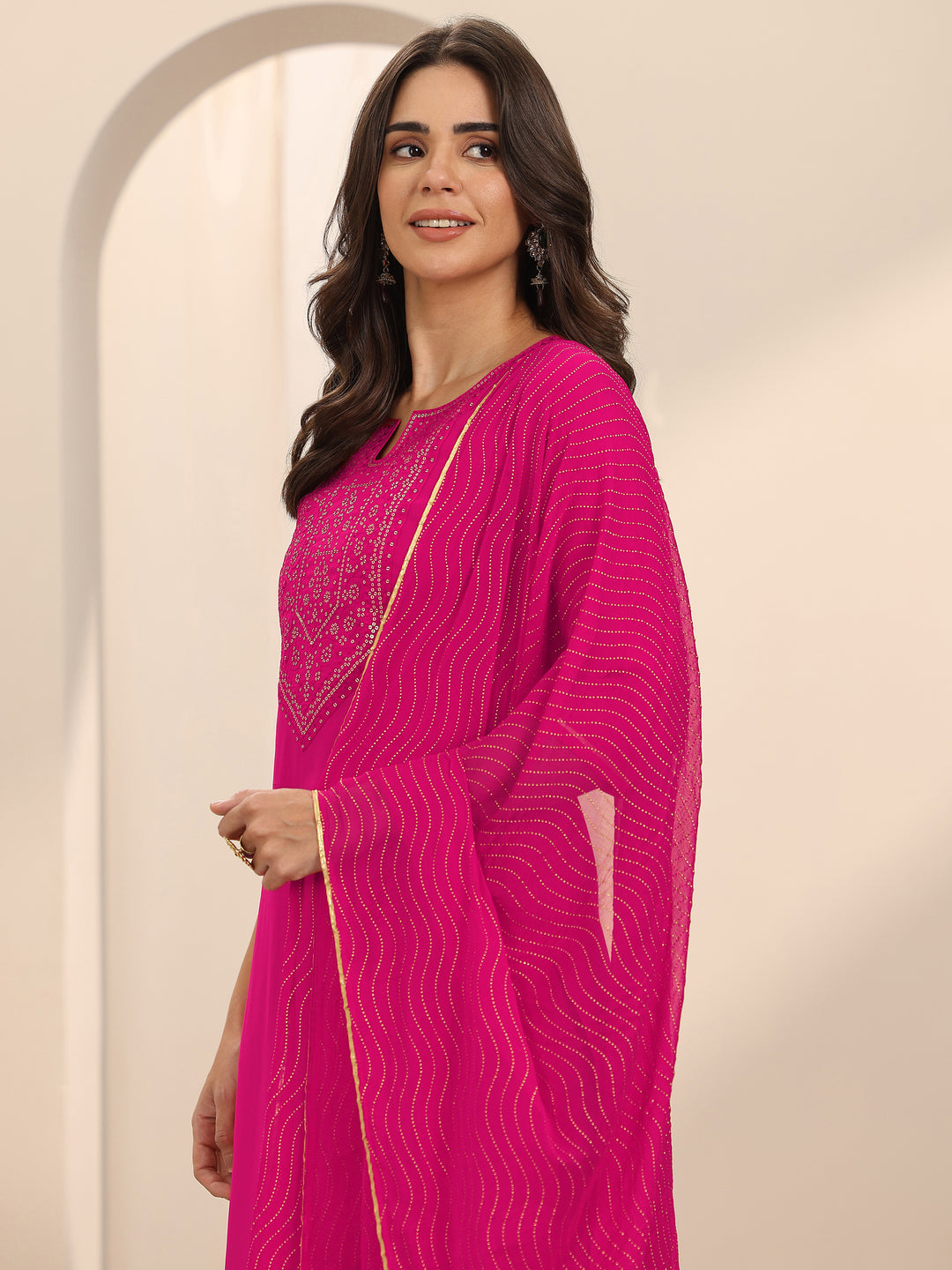 Pink Yoke Design Silk Blend Straight Suit Set With Dupatta