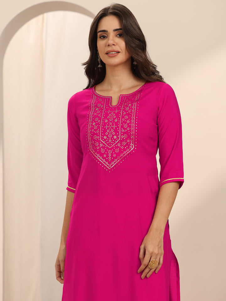 Pink Yoke Design Silk Blend Straight Suit Set With Dupatta