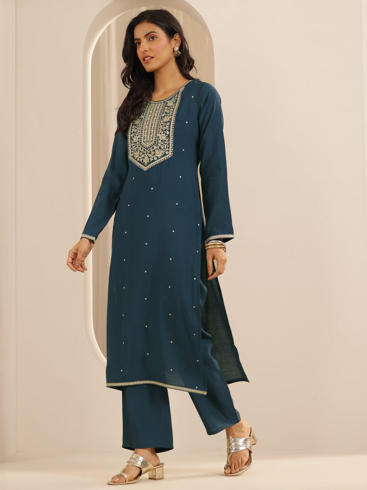 Teal Yoke Design Silk blend Straight Suit Set With Dupatta