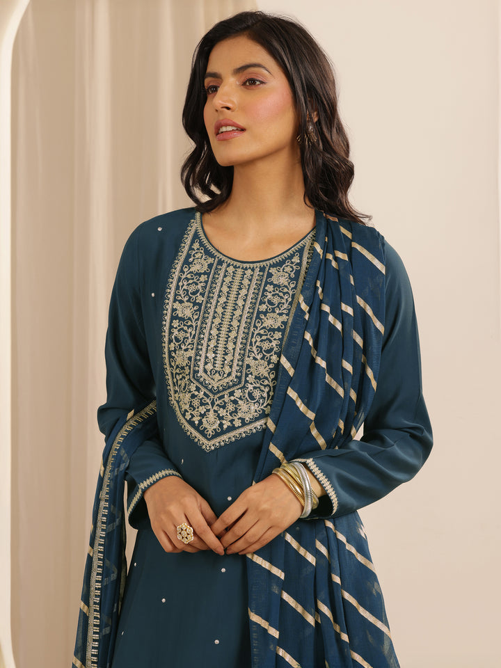 Teal Yoke Design Silk blend Straight Suit Set With Dupatta