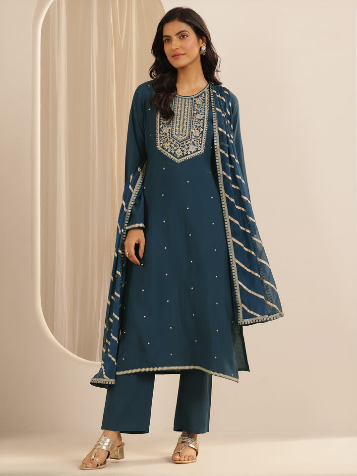 Teal Yoke Design Silk blend Straight Suit Set With Dupatta