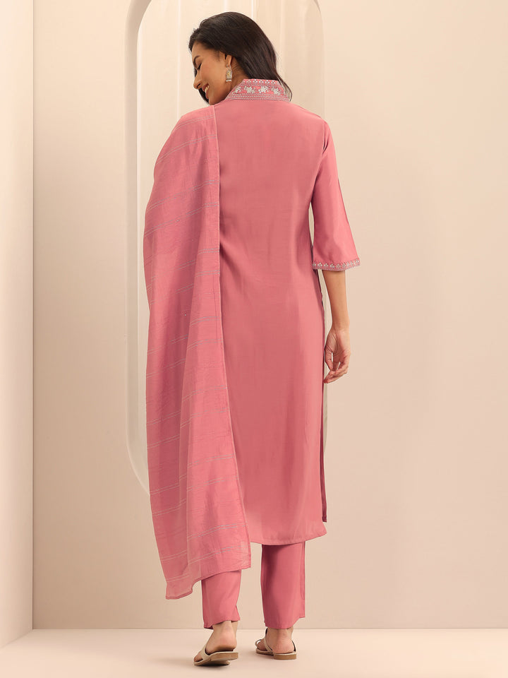 Peach Embellished Silk Blend Straight Suit Set With Dupatta