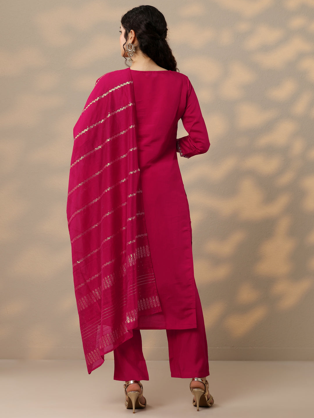 Pink Embroidered Silk Blend Straight Suit Set With Dupatta