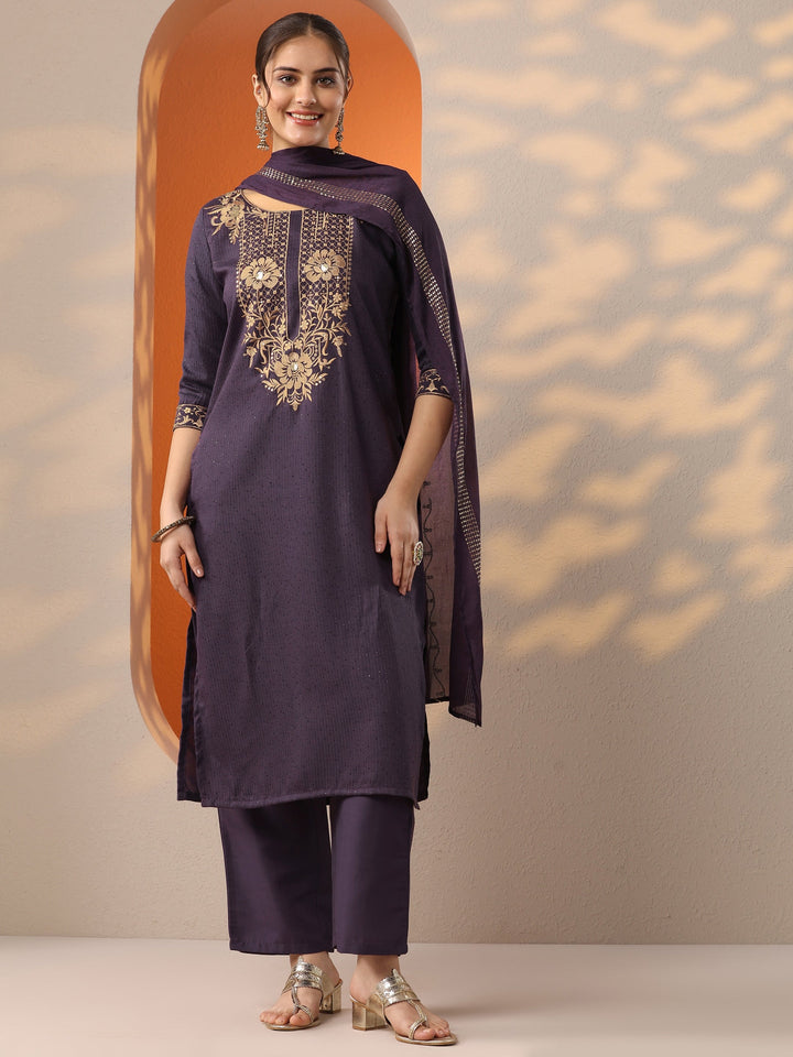 Purple Embroidered Silk Blend Straight Suit Set With Dupatta