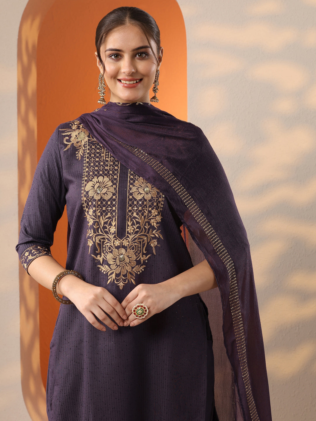 Purple Embroidered Silk Blend Straight Suit Set With Dupatta