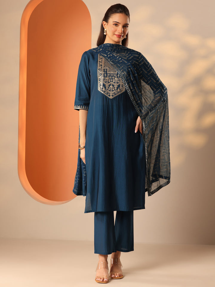 Blue Embroidered Silk Blend Straight Suit Set With Dupatta