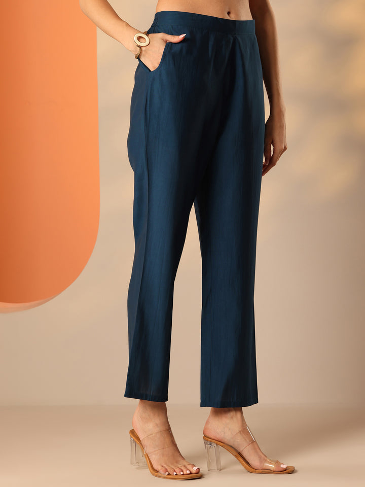 Blue Embroidered Silk Blend Straight Suit Set With Dupatta