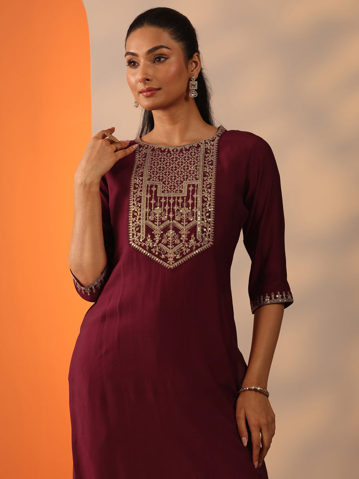 Maroon Printed Silk Blend Straight Suit Set With Dupatta