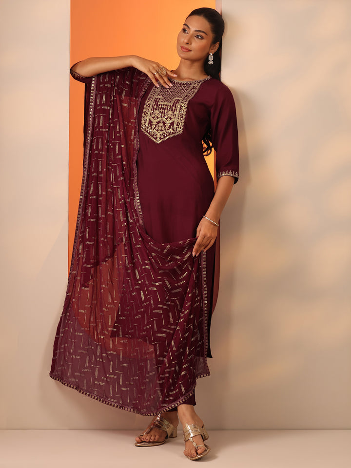 Maroon Printed Silk Blend Straight Suit Set With Dupatta