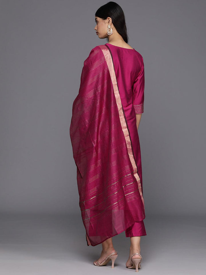 Pink Solid Silk Blend Straight Suit With Dupatta