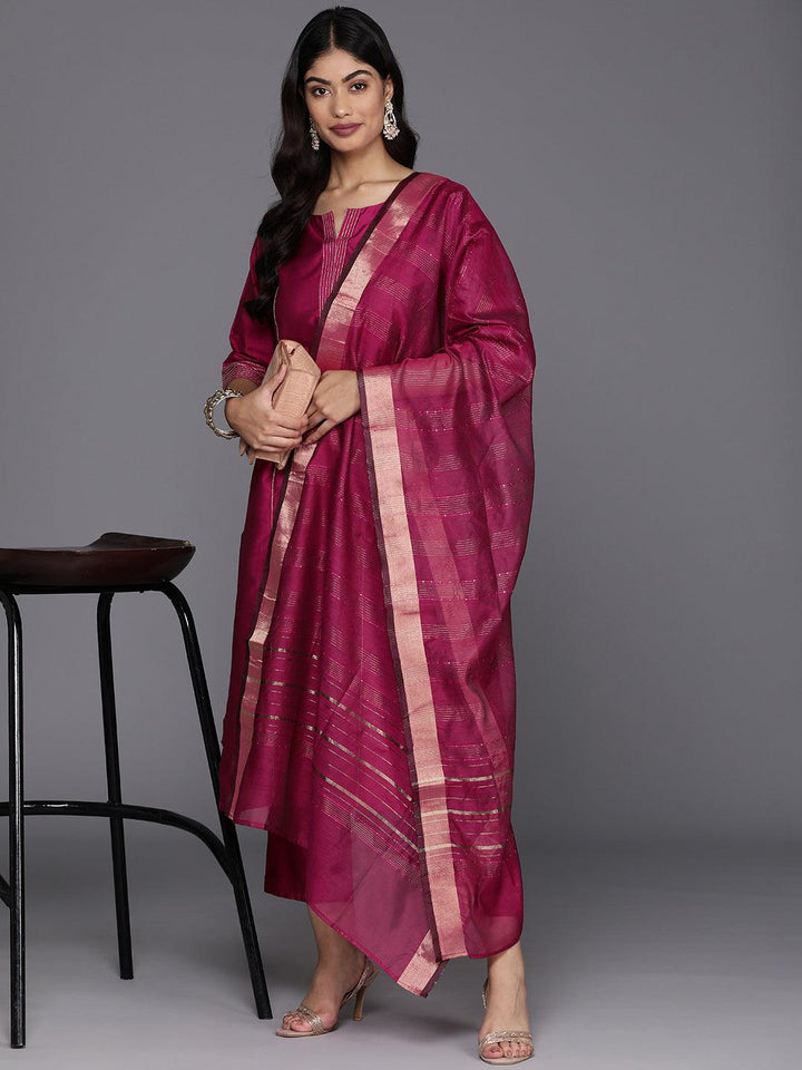 Pink Solid Silk Blend Straight Suit With Dupatta