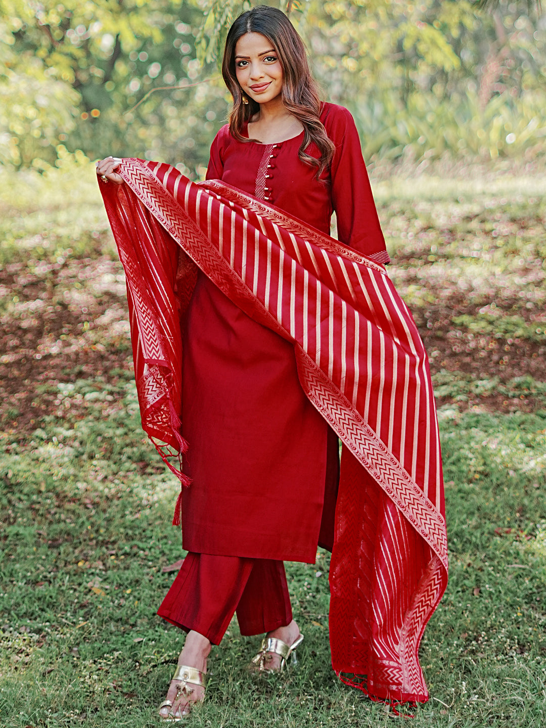 Red Solid Silk Blend A-Line Kurta With Trousers & Dupatta