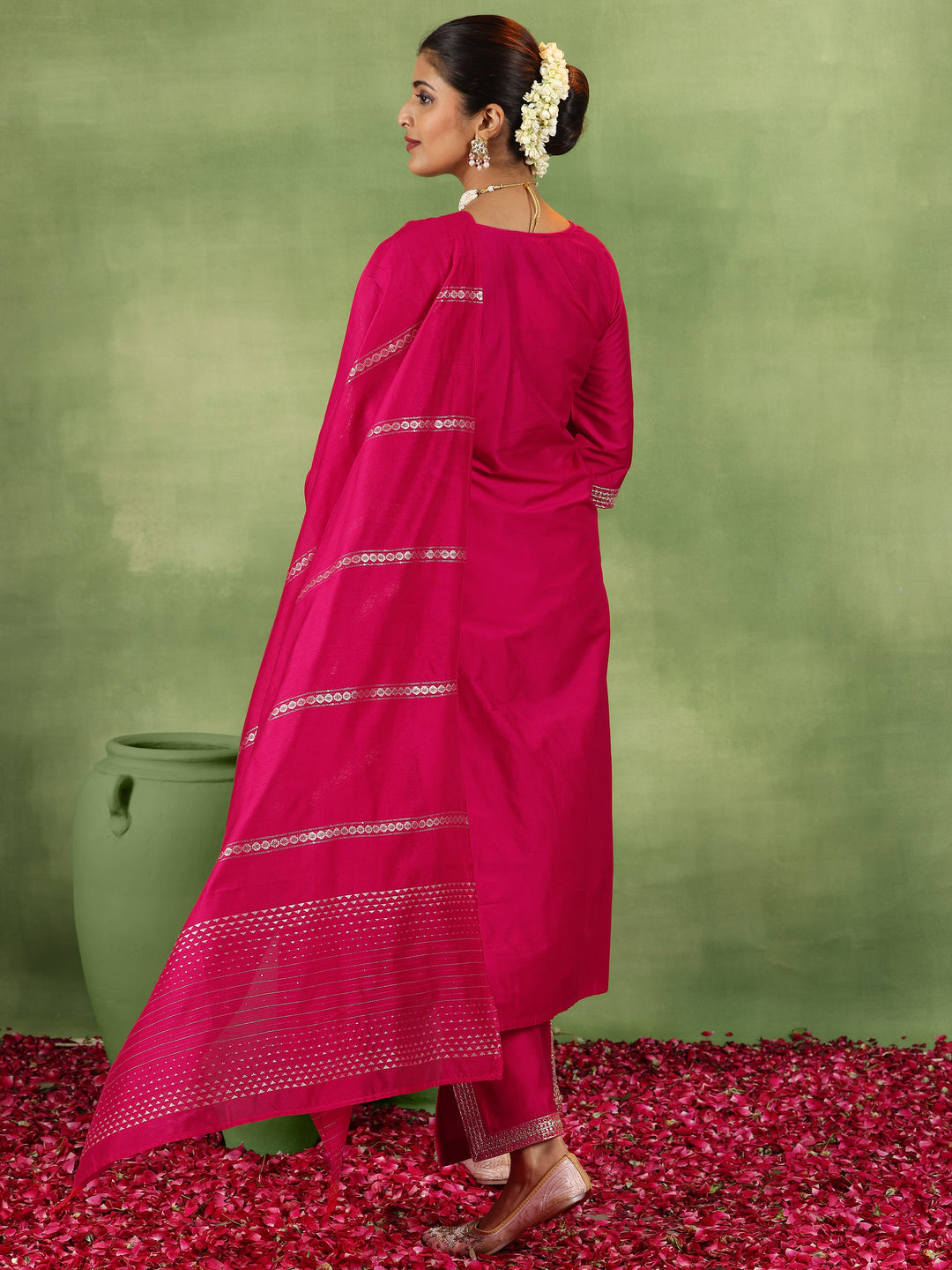 Coral Yoke Design Silk Blend Straight Suit With Dupatta