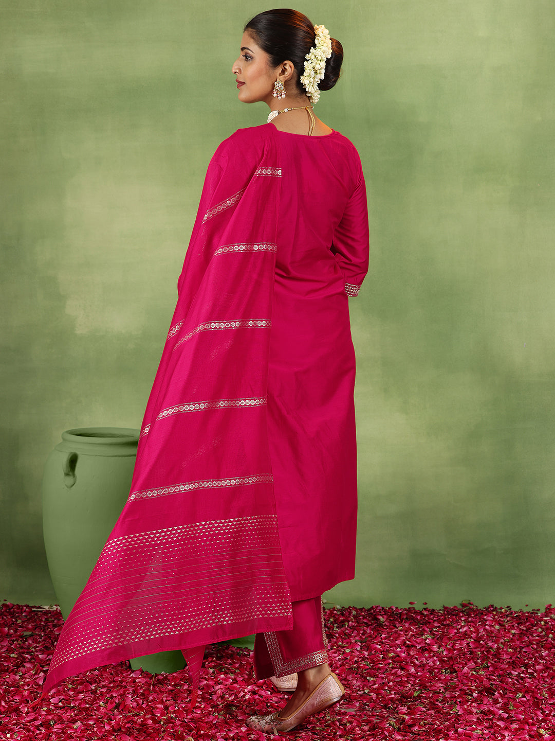 Coral Yoke Design Silk Blend Straight Suit With Dupatta