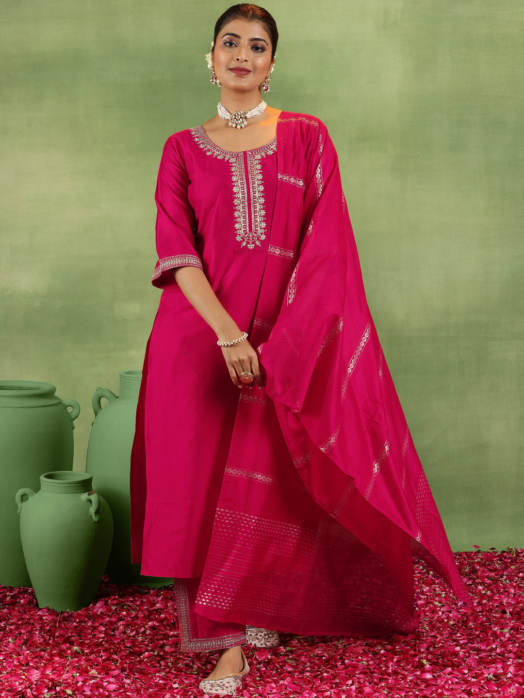 Coral Yoke Design Silk Blend Straight Suit With Dupatta