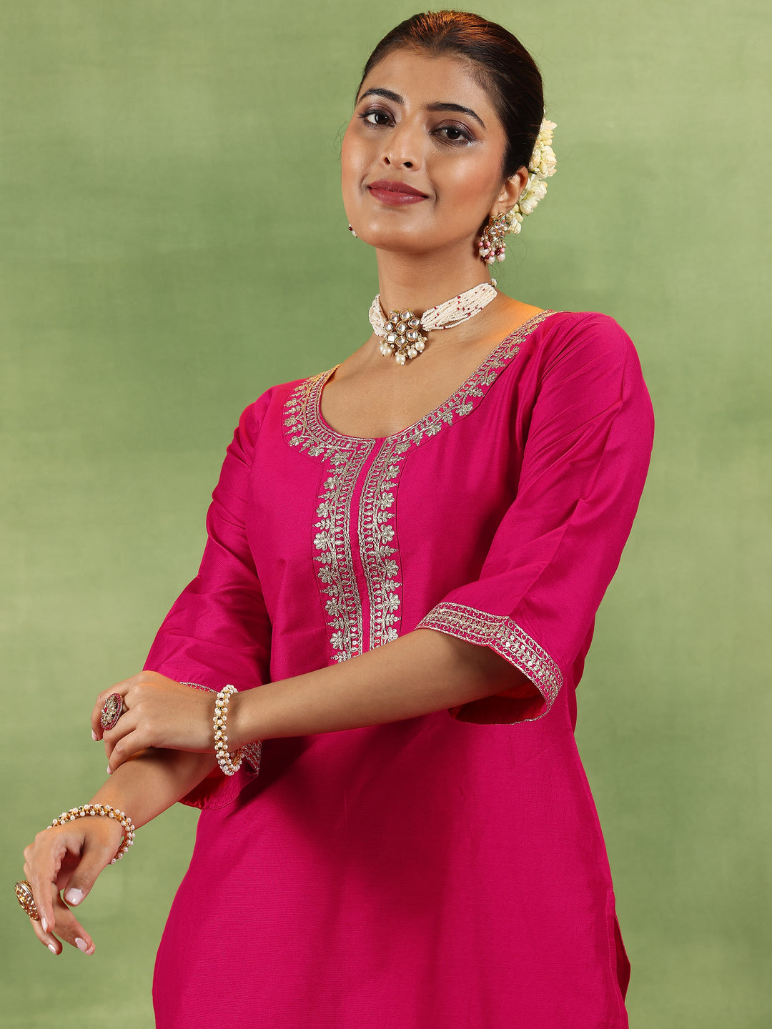 Coral Yoke Design Silk Blend Straight Suit With Dupatta