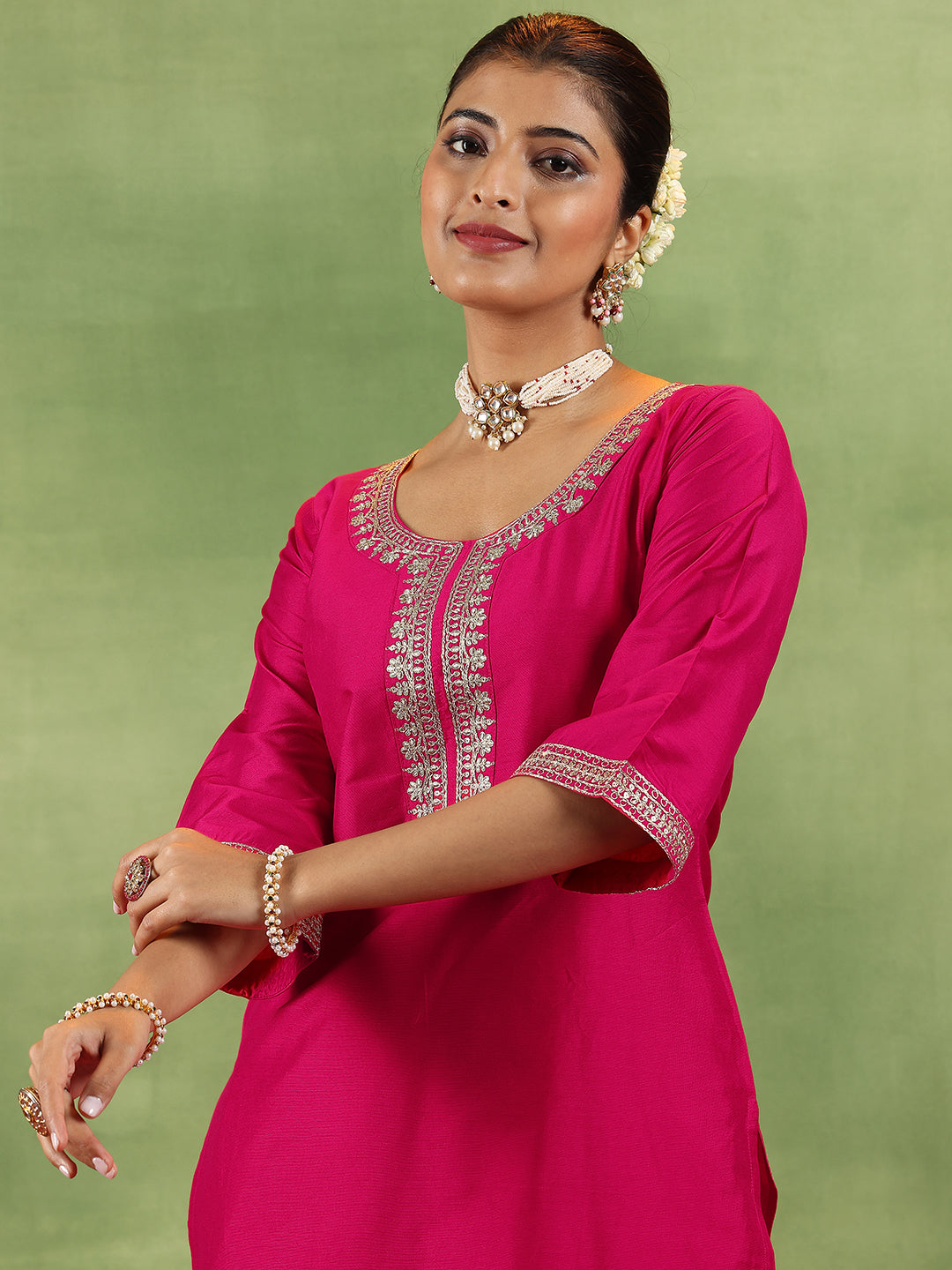 Coral Yoke Design Silk Blend Straight Suit With Dupatta