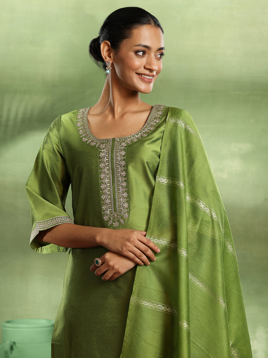 Green Yoke Design Silk Blend Straight Suit With Dupatta