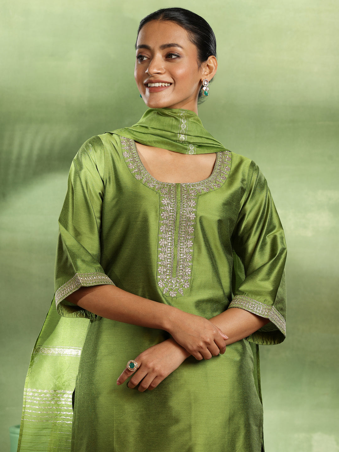 Green Yoke Design Silk Blend Straight Suit With Dupatta