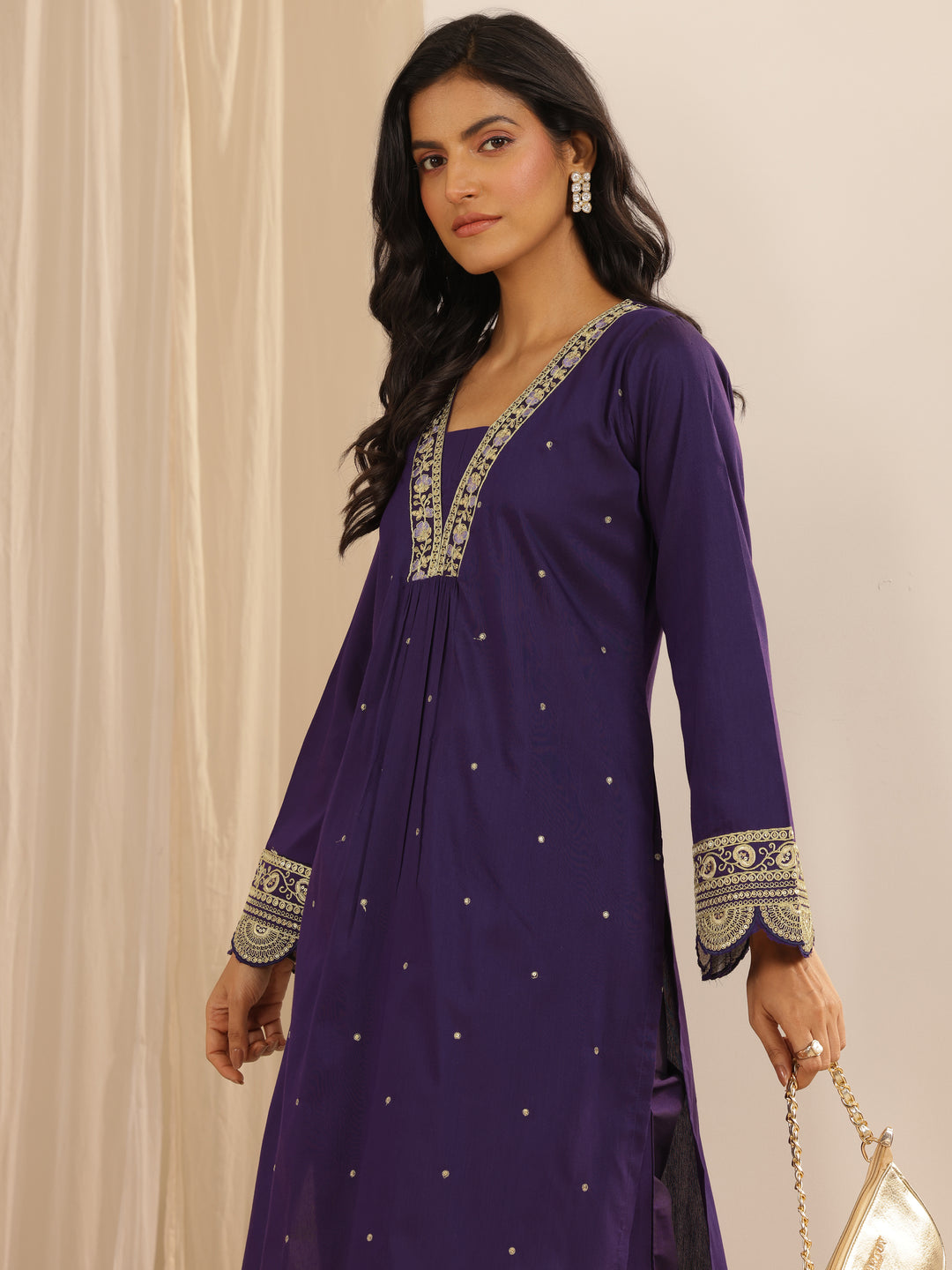 Purple Embroidered Silk Blend A-line Kurta Set