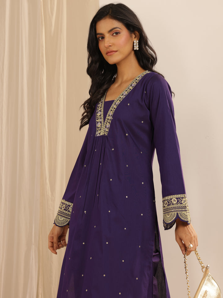 Purple Embroidered Silk Blend A-line Kurta Set