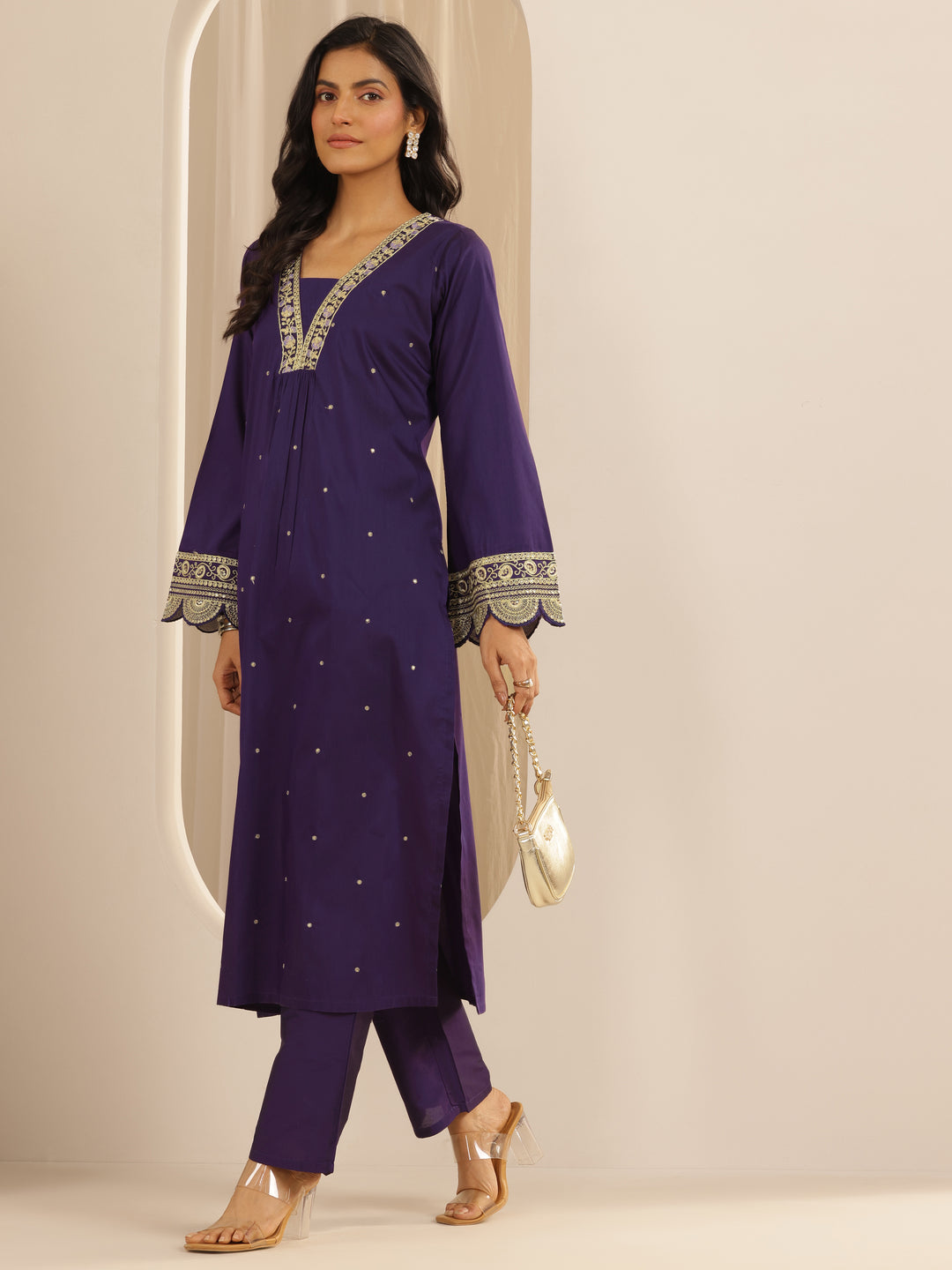 Purple Embroidered Silk Blend A-line Kurta Set