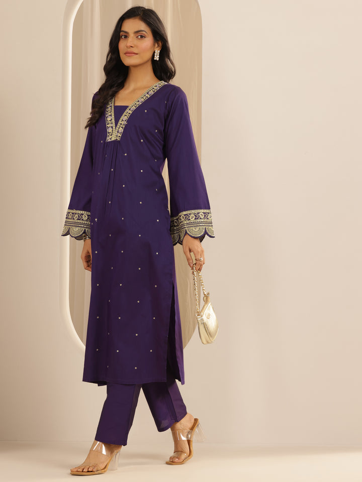 Purple Embroidered Silk Blend A-line Kurta Set