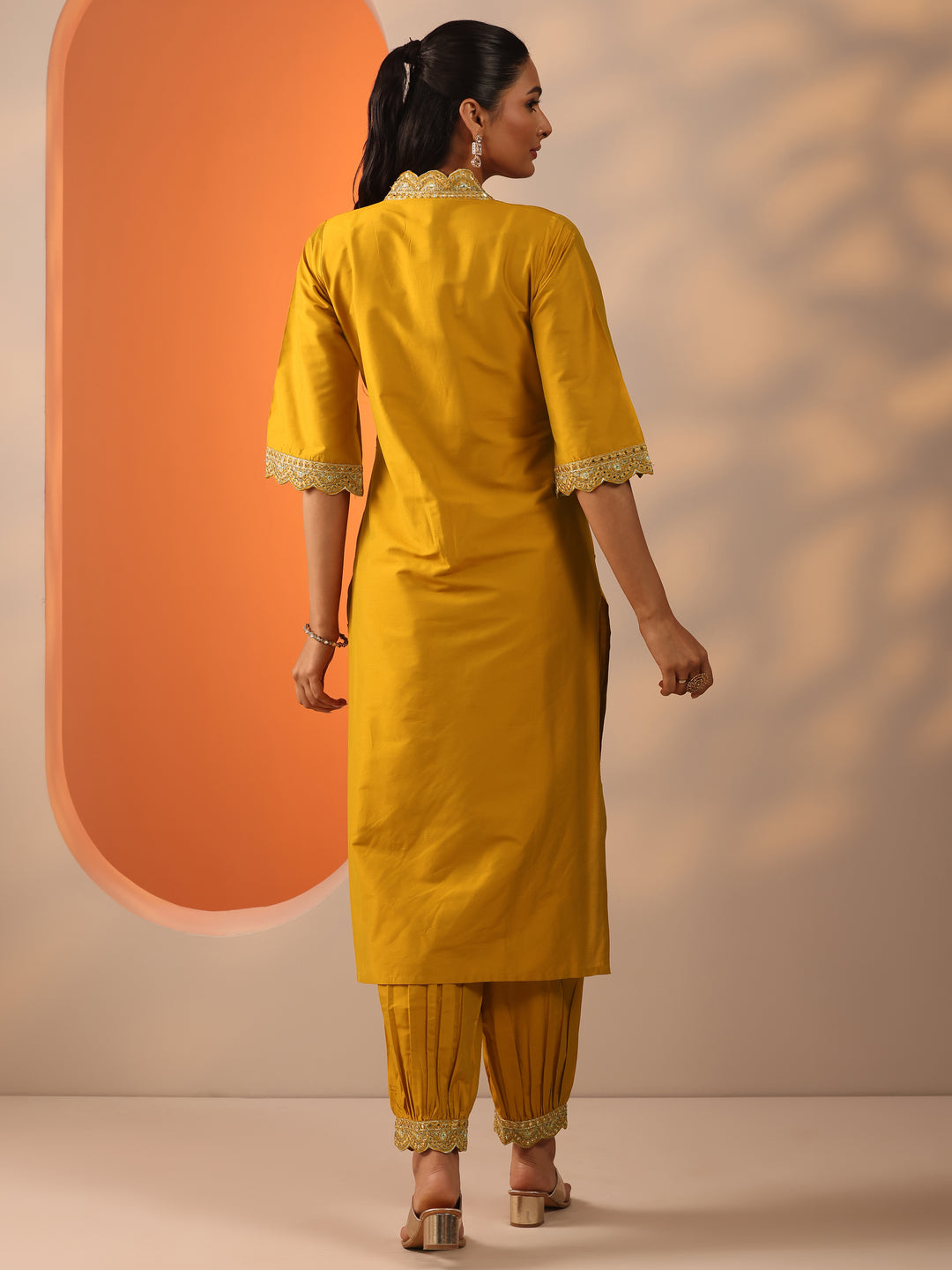 Mustard Embroidered Silk Blend Straight Kurta Set