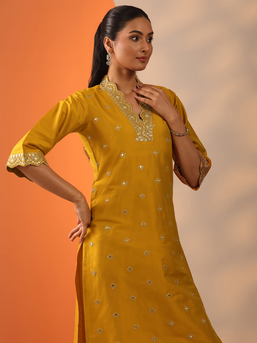 Mustard Embroidered Silk Blend Straight Kurta Set