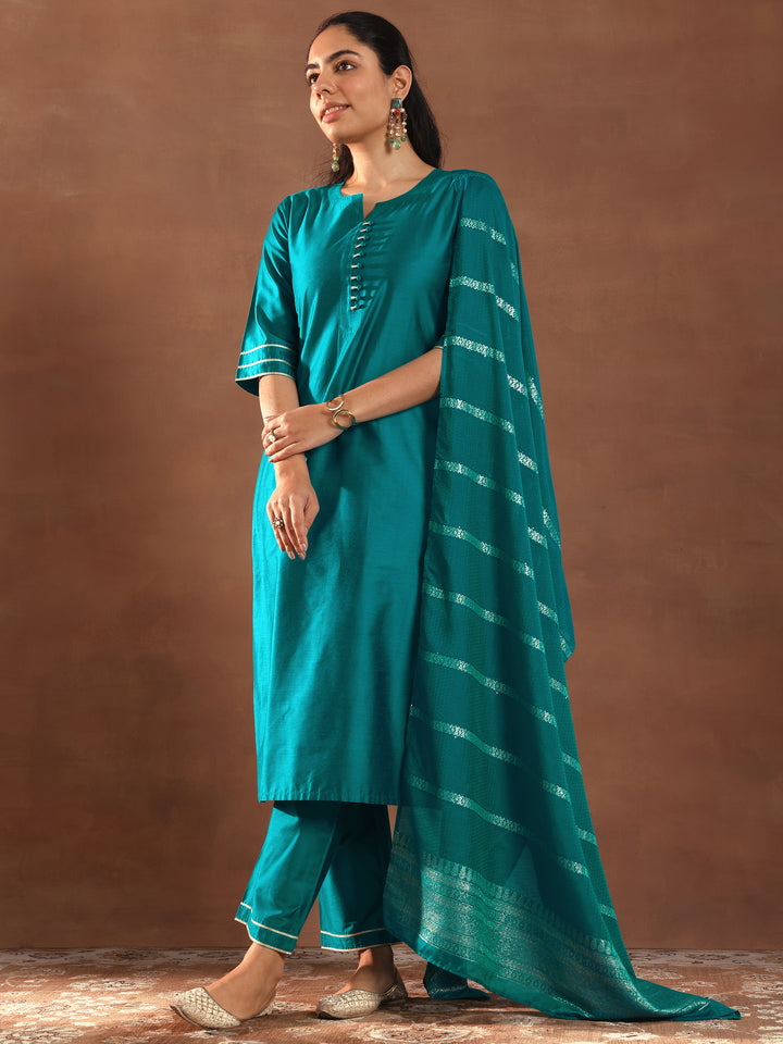 Teal Solid Silk Blend Straight Suit Set With Dupatta