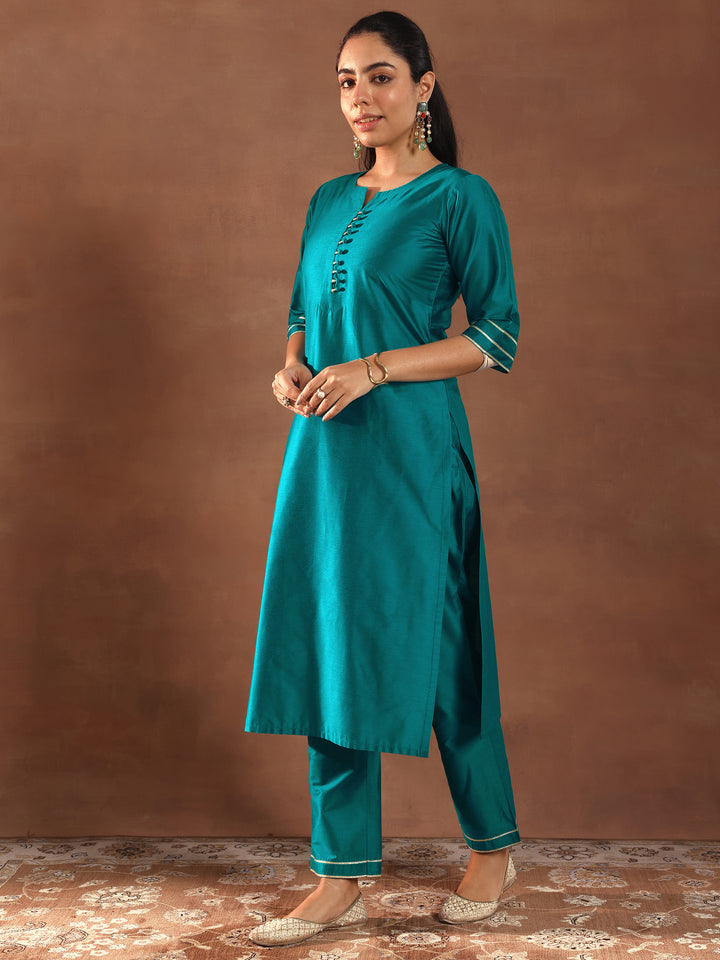Teal Solid Silk Blend Straight Suit Set With Dupatta