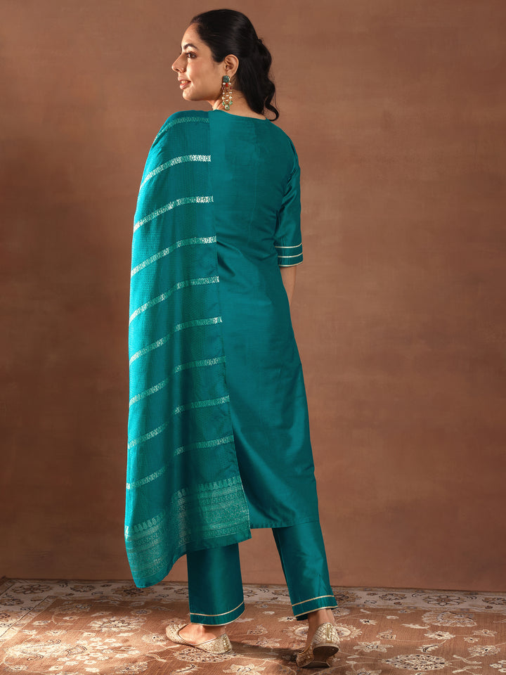 Teal Solid Silk Blend Straight Suit Set With Dupatta