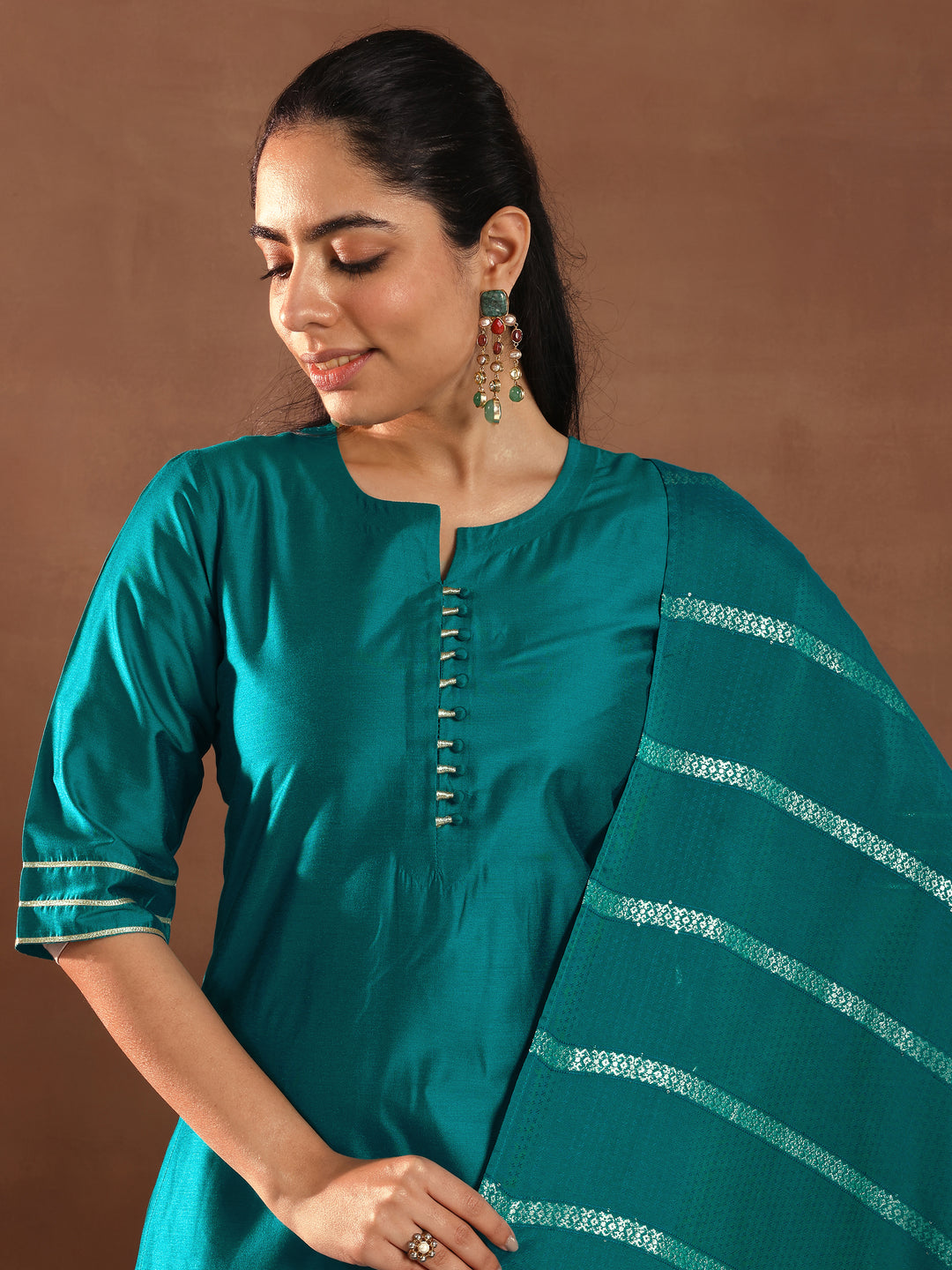 Teal Solid Silk Blend Straight Suit Set With Dupatta